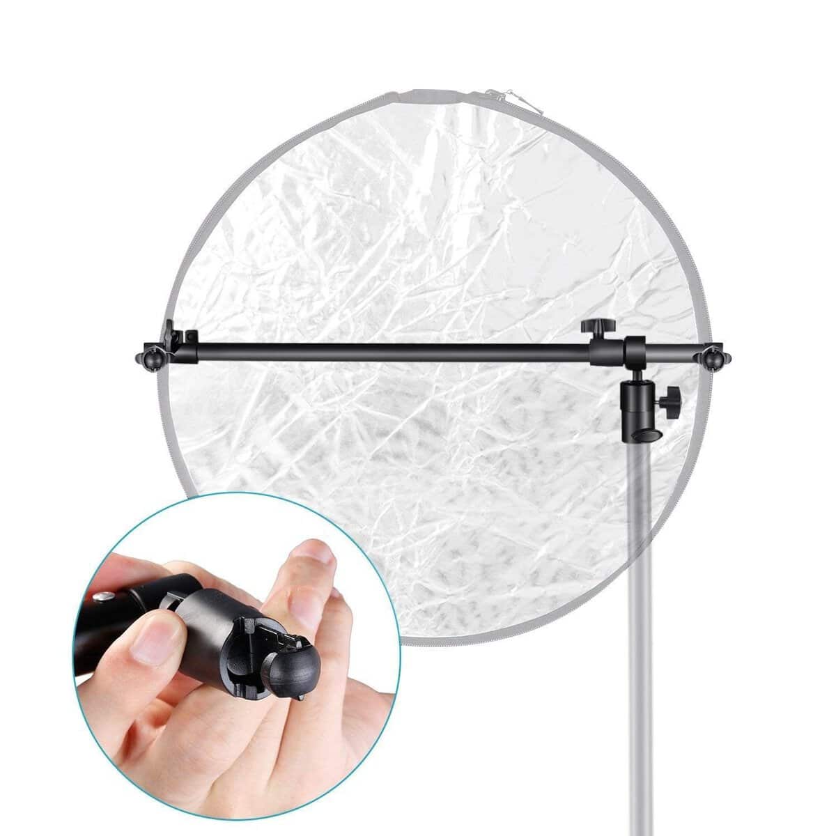 Reflector de fotografía con soporte y pinza para estudio profesional.