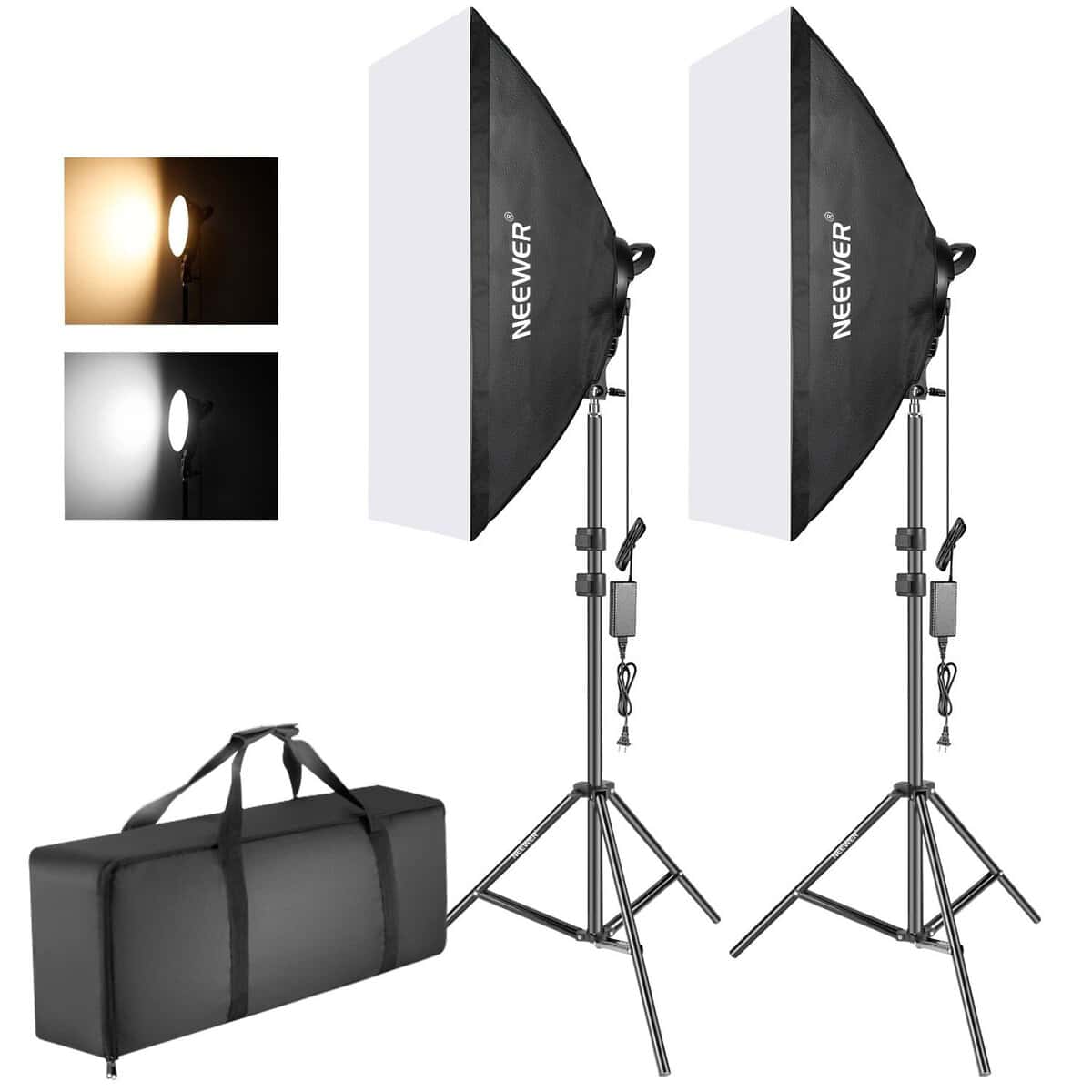 Equipo de iluminación con softboxes y accesorios para fotografía en estudio.