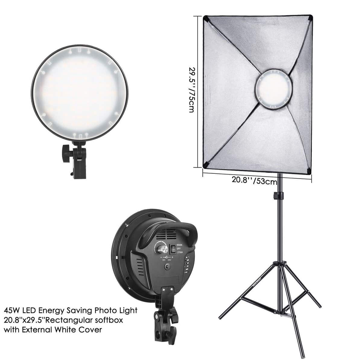 Equipo de iluminación LED y softbox para fotografía profesional.
