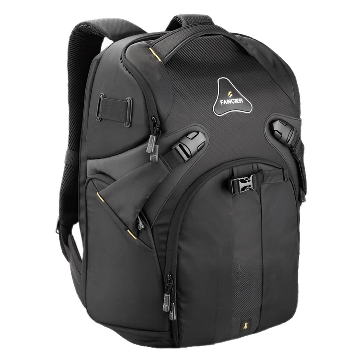 Mochila de fotografía negra Fancier Kingkong con compartimentos y correas ajustables.