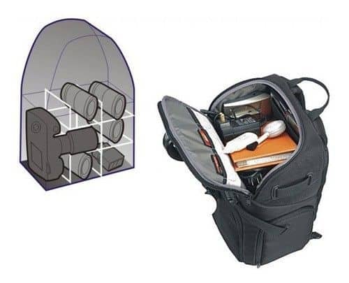 Organizador de accesorios para cámaras en mochila con compartimentos.