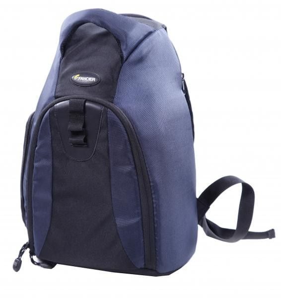 Mochila de fotografía negra y azul para accesorios y cámaras.