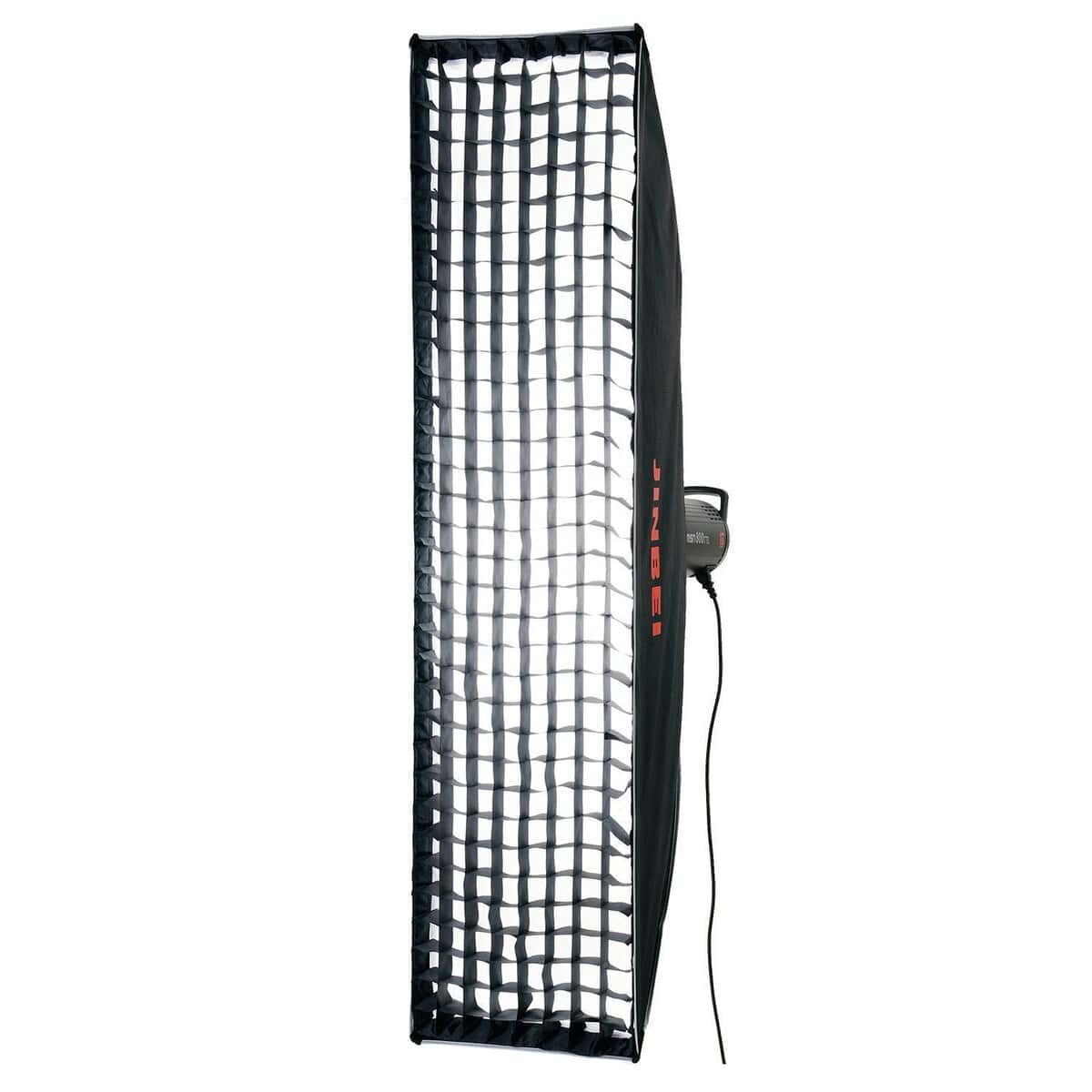 Luz de estudio portátil con rejilla y control de intensidad para fotografía profesional.