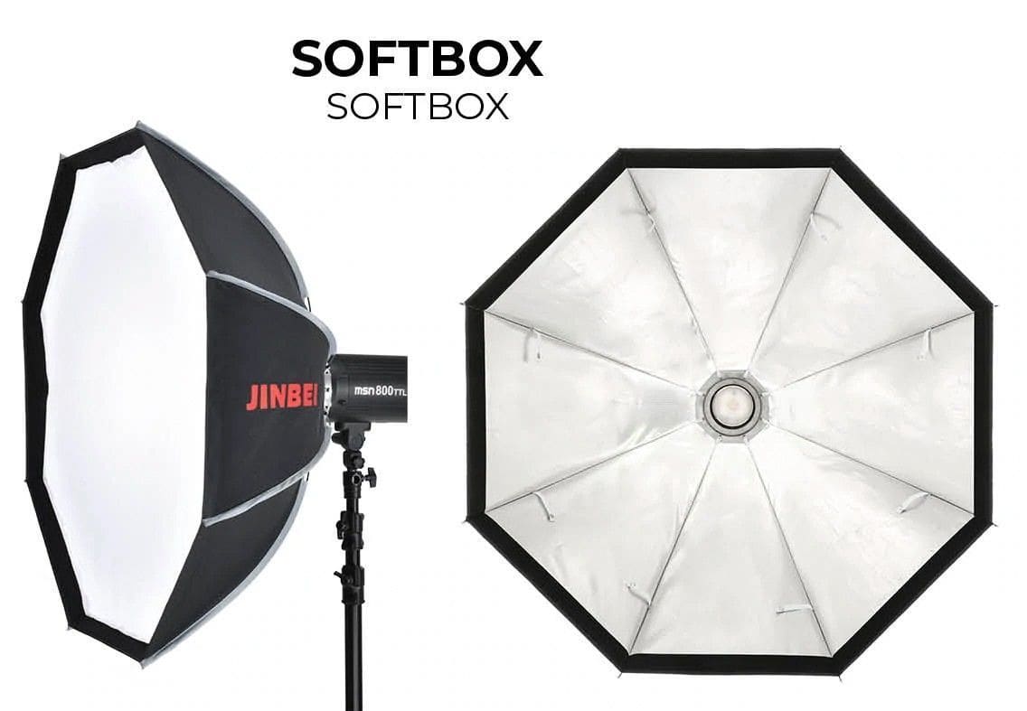 Softbox para estudio fotográfico con accesorios de iluminación.