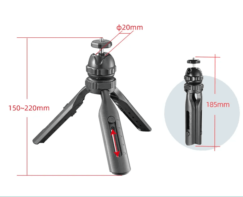 Trípode ajustable para cámaras con dimensiones y peso compactos.