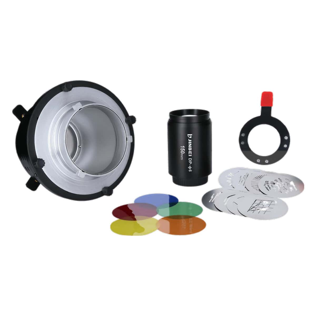 Snoot óptico DP-Ø6 JINBEI con lentes y filtros para fotografía.