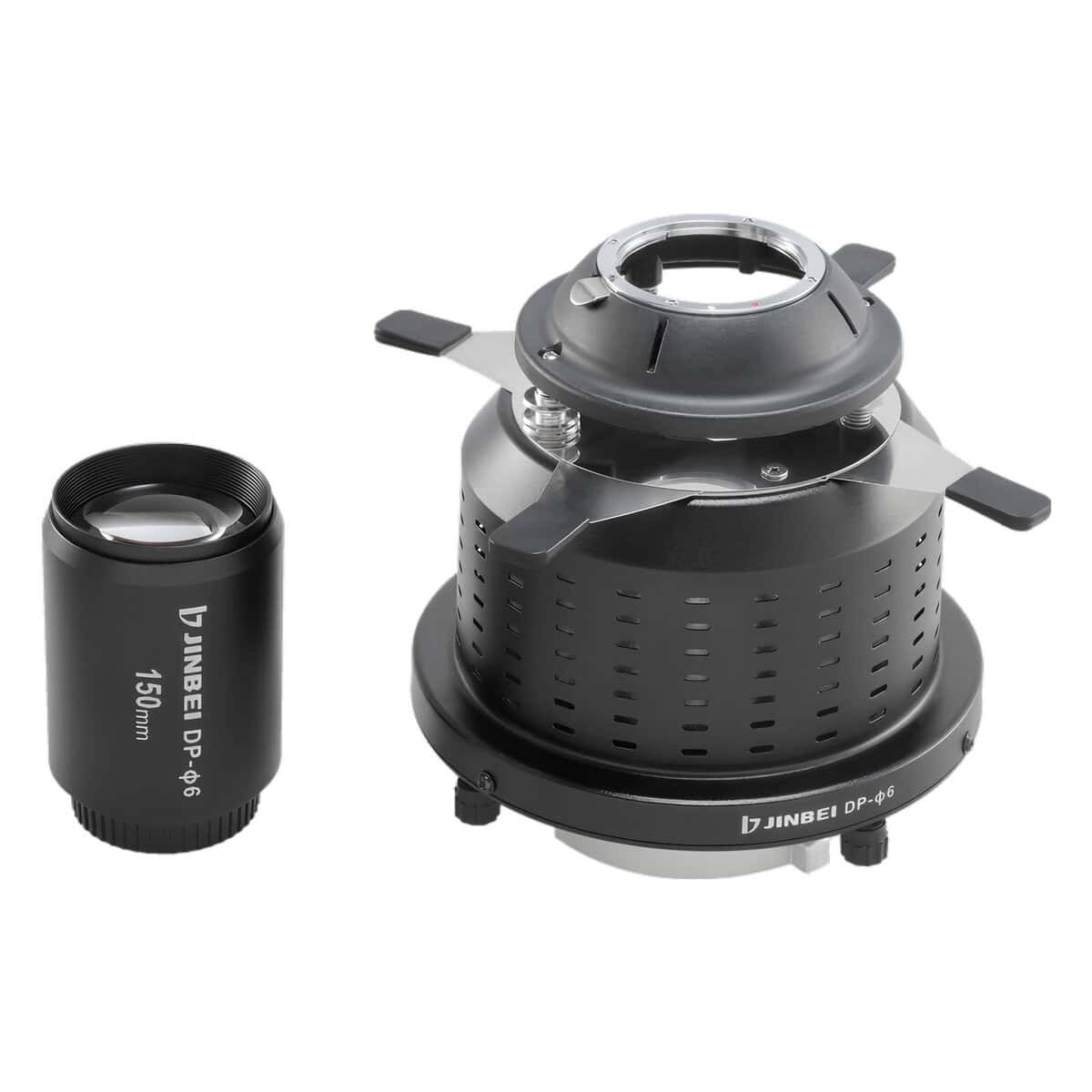 Snoot óptico JINBEI DP-Ø6 con lente y montura Bowens para fotografía.