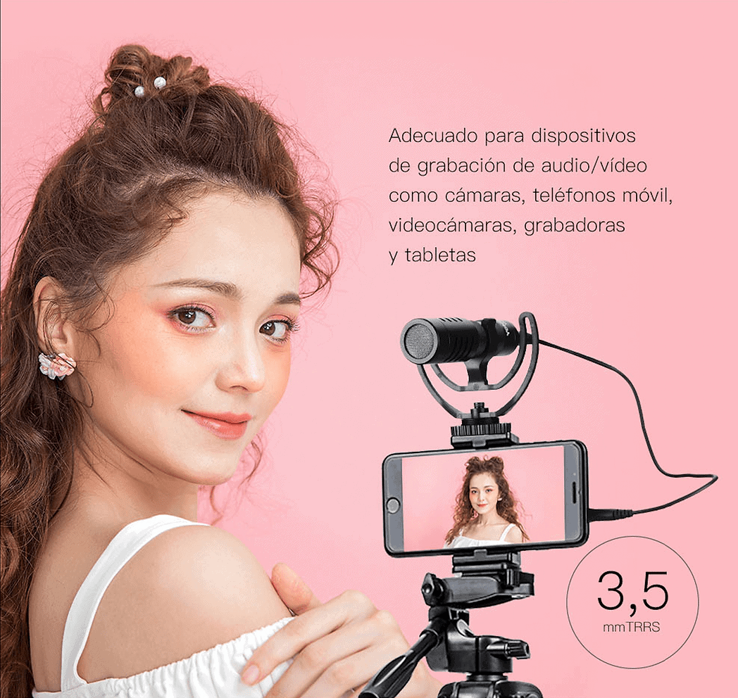 Micrófono y smartphone para grabación de audio y video en fotografía.