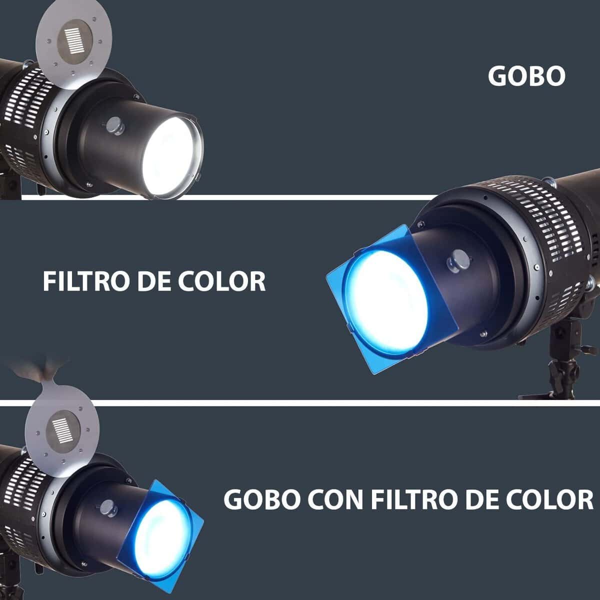 Gobos y filtros de color para iluminación en fotografía profesional.