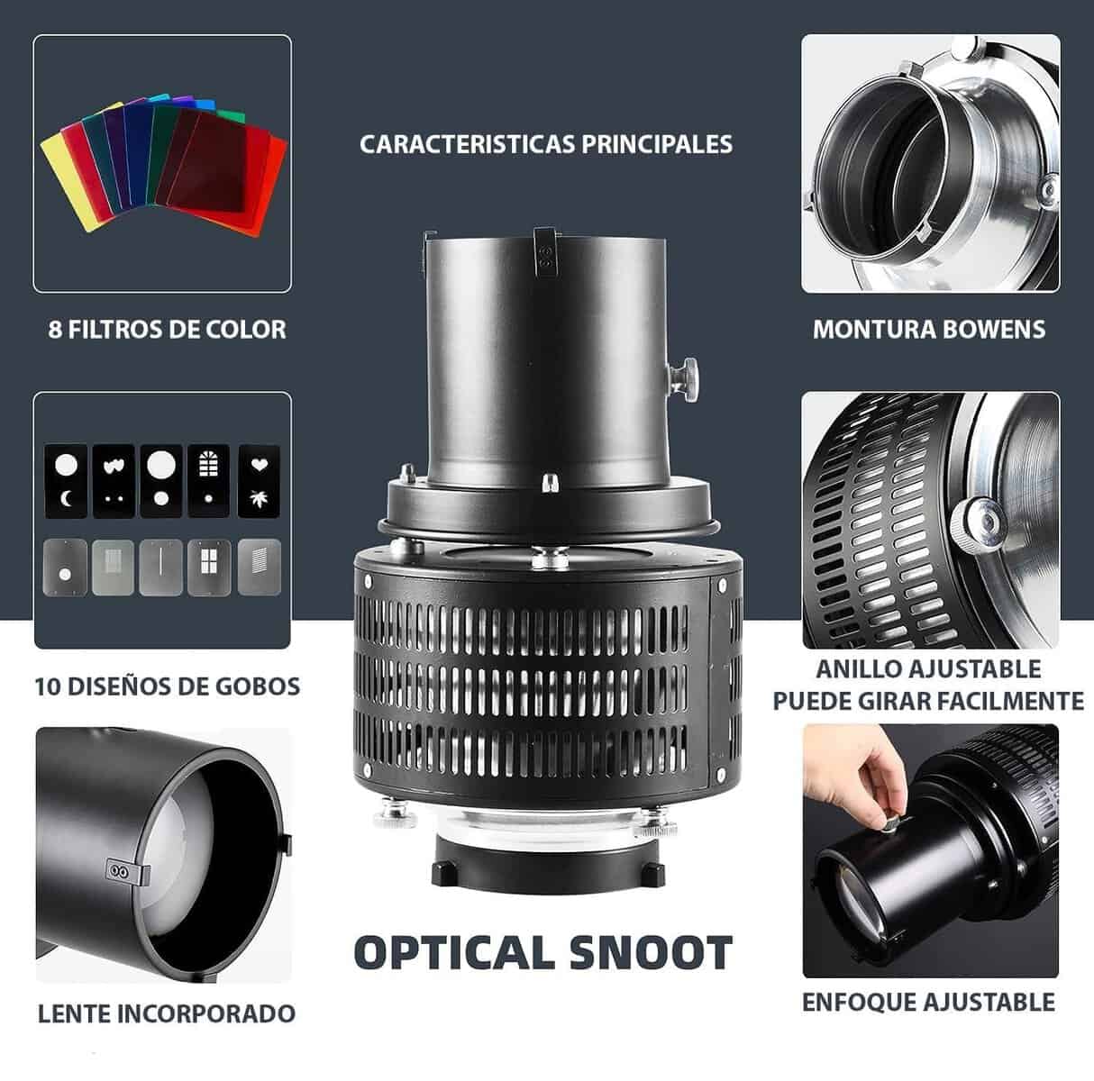 Filtro de color para fotografía con accesorios y montura Bowens.