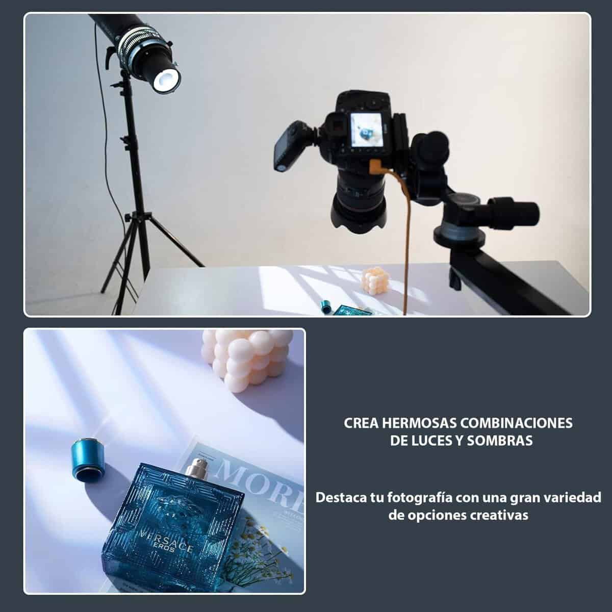 Equipo de fotografía con iluminación, cámara y accesorios en estudio.