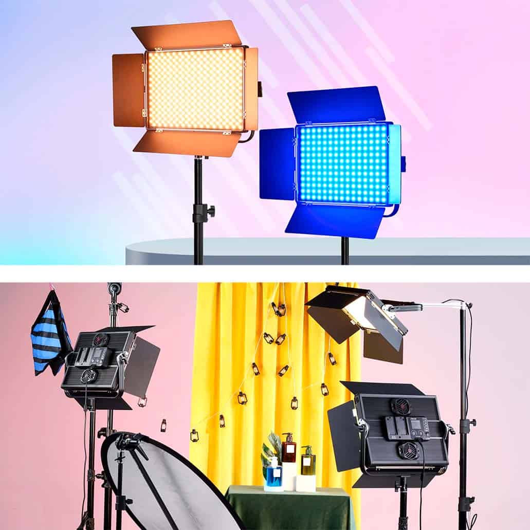 Panel LED RGB Jinbei P80-RGB con control Bluetooth y accesorios.