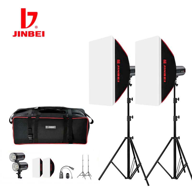 Equipo de fotografía con flashes, softboxes y accesorios Jinbei DE-250.