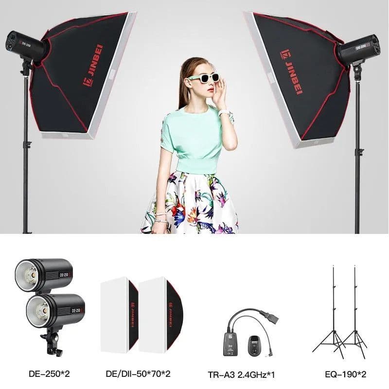 Kit de iluminación con flashes Jinbei DE-250 y accesorios para fotografía.