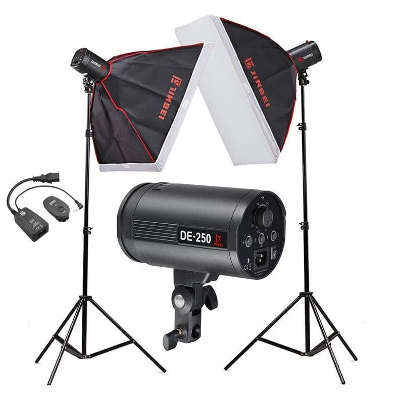 Kit de iluminación profesional Jinbei DE-250 con softbox y accesorios.