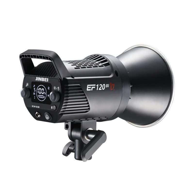Luz LED bicolor Jinbei EF-120BI con montura Bowens para fotografía profesional.