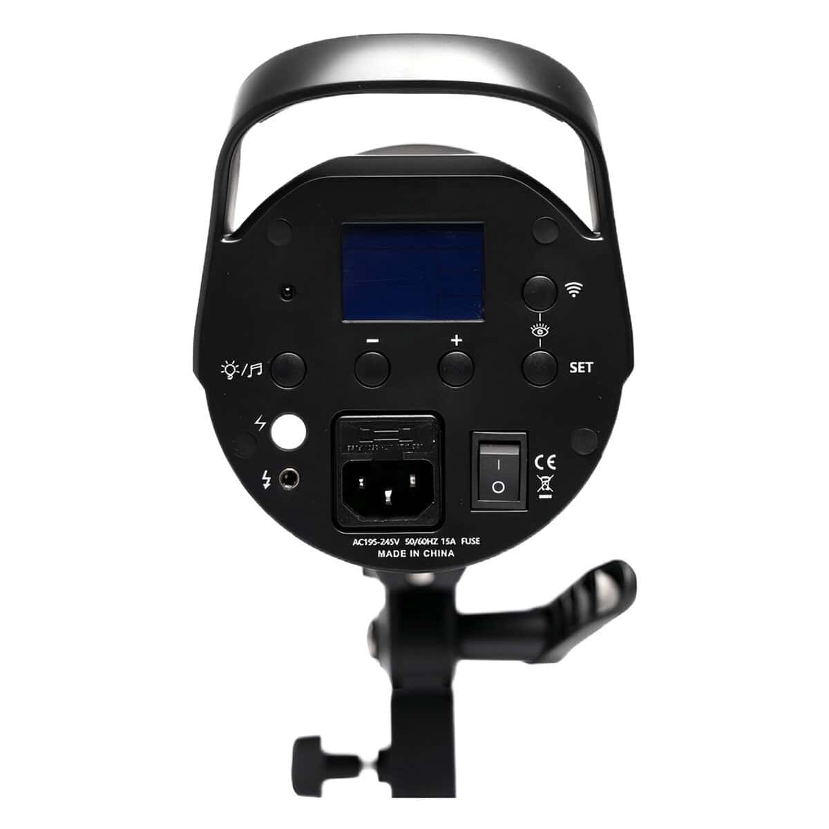 Flash de estudio con control digital y accesorios para fotografía profesional.