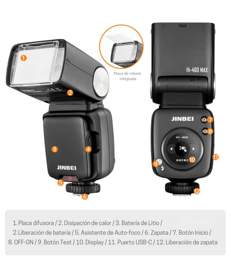 Flash Jinbei HI460max con control TTL y batería recargable.