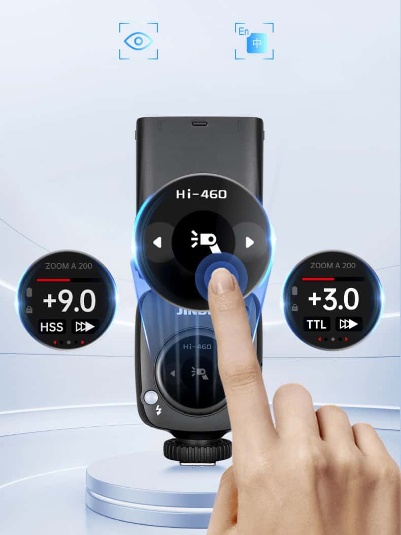 Control remoto para flash Jinbei Hi-460max con pantalla táctil y funciones TTL y HSS.