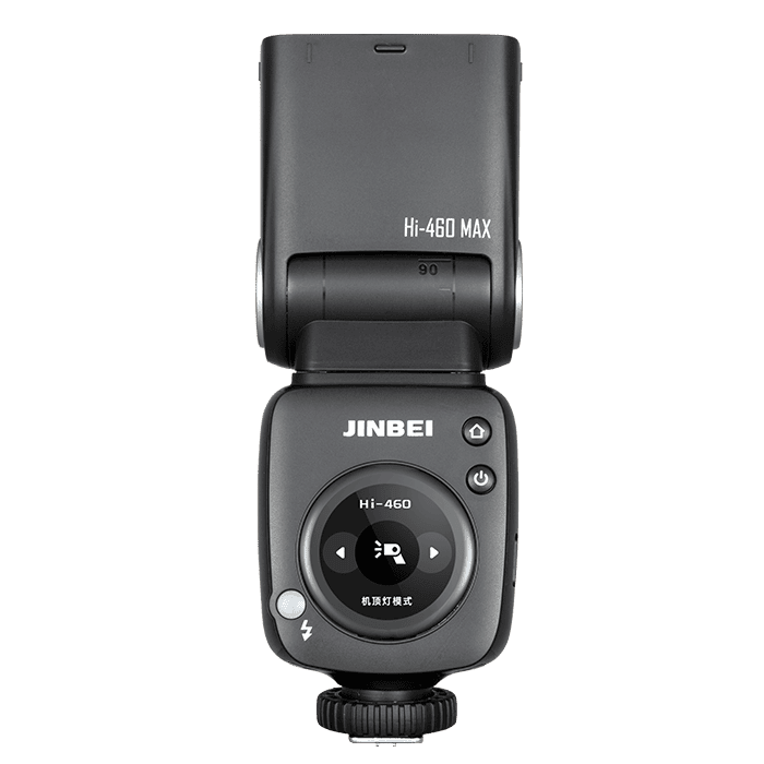 Flash Jinbei Hi-460 Max con pantalla táctil y batería para fotografía profesional.