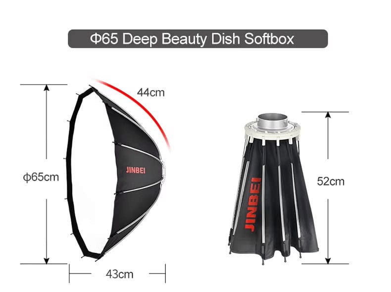 Softbox Jinbei 65cm octogonal con dimensiones y accesorios para estudio.