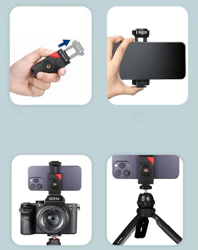 Adaptador para celular y trípode para fotografía profesional.