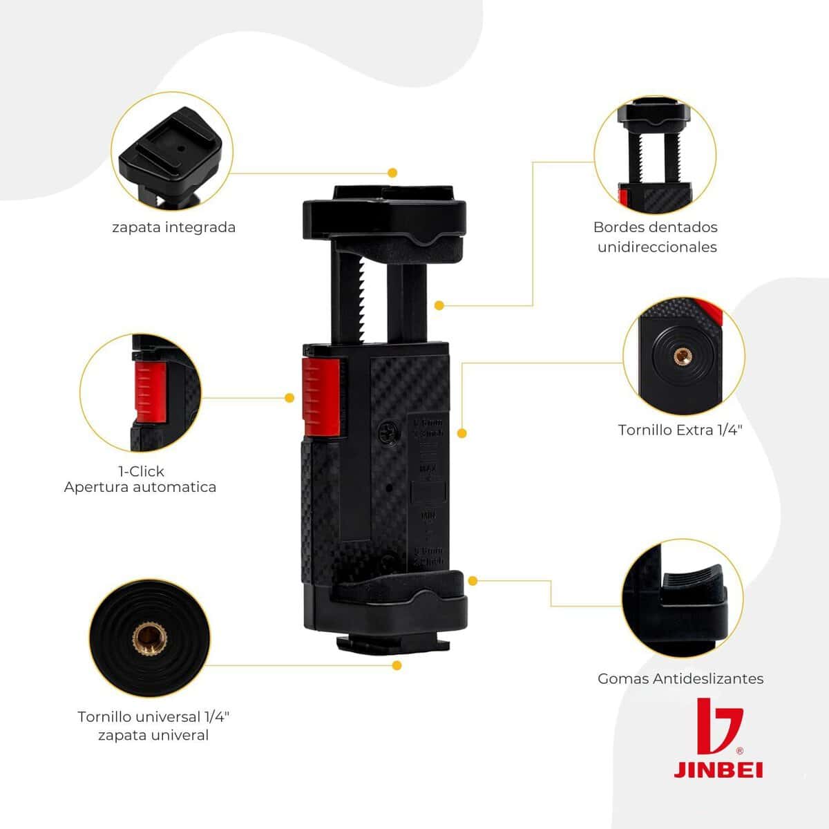 Adaptador para celular y trípode Jinbei con accesorios ajustables.