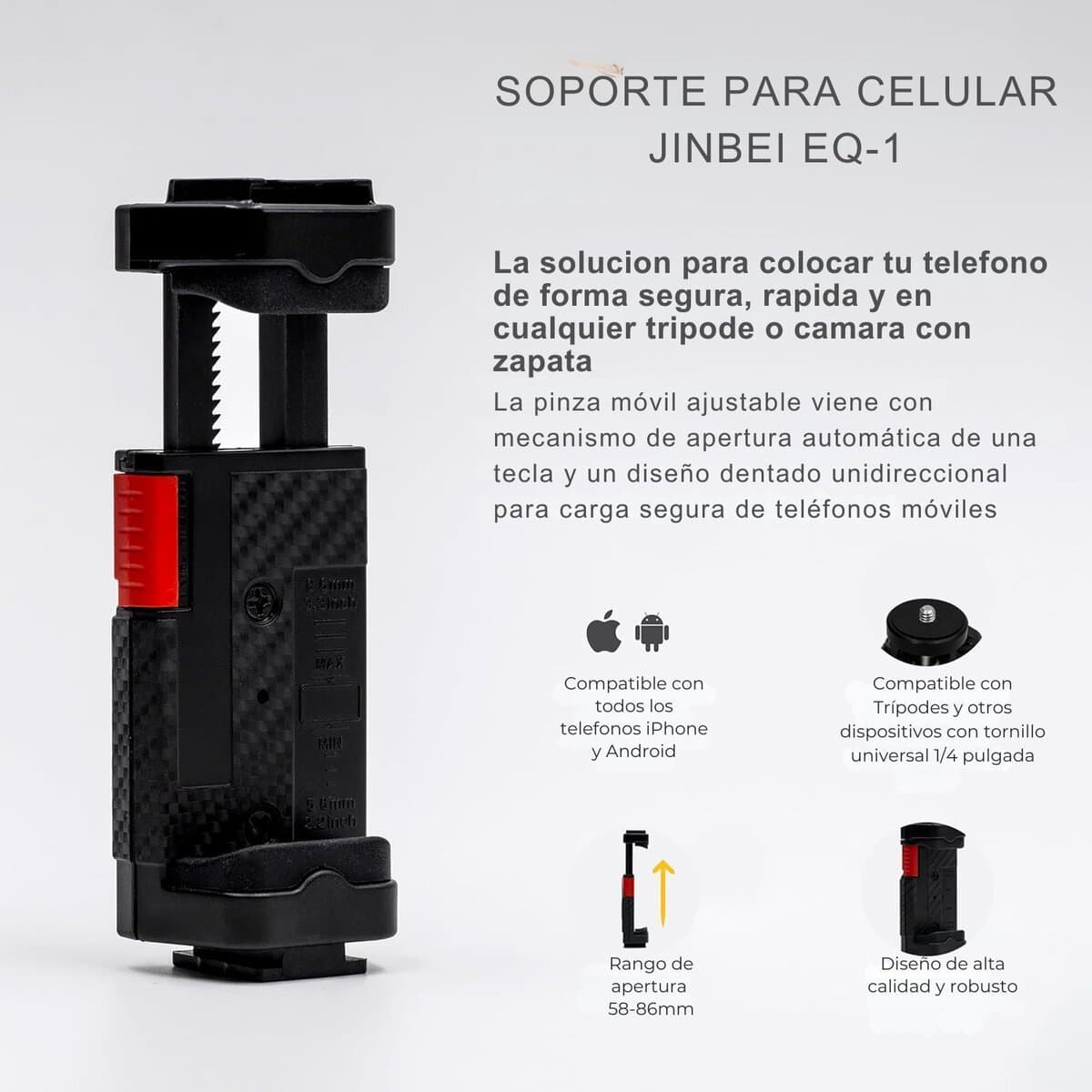 Soporte para celular Jinbei EQ-1 con zapata y ajuste automático.