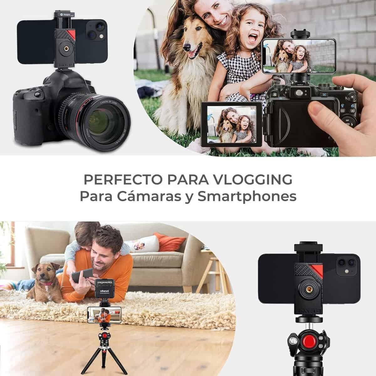 Adaptador para celular y trípode para vlogging y fotografía.