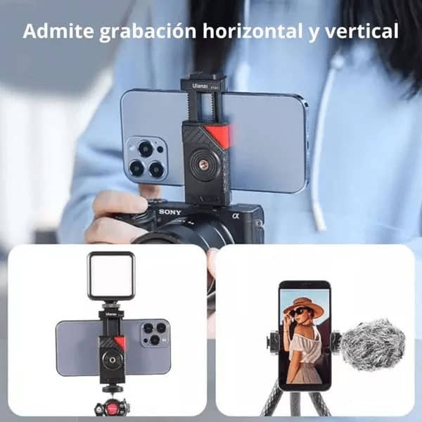 Adaptador para celular y trípode para grabación horizontal y vertical.
