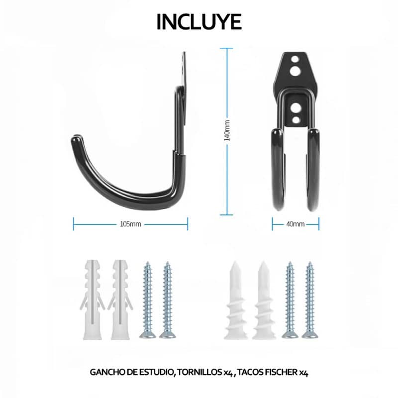 Gancho de pared para accesorios de estudio con tornillos y tacos Fischer.