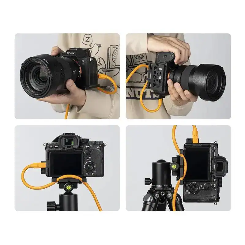 Cámaras y accesorios de fotografía con cable de tethering en uso.