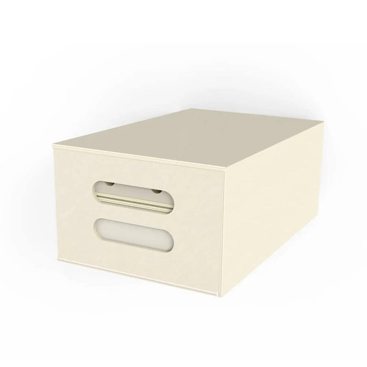 Caja apilable para fotografía y accesorios en color beige.