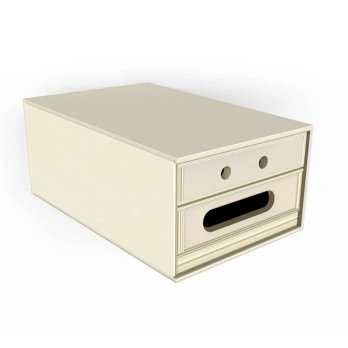 Cajonera blanca para accesorios de fotografía y almacenamiento.