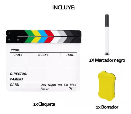 Claqueta de cine en acrílico blanco con accesorios de filmación.
