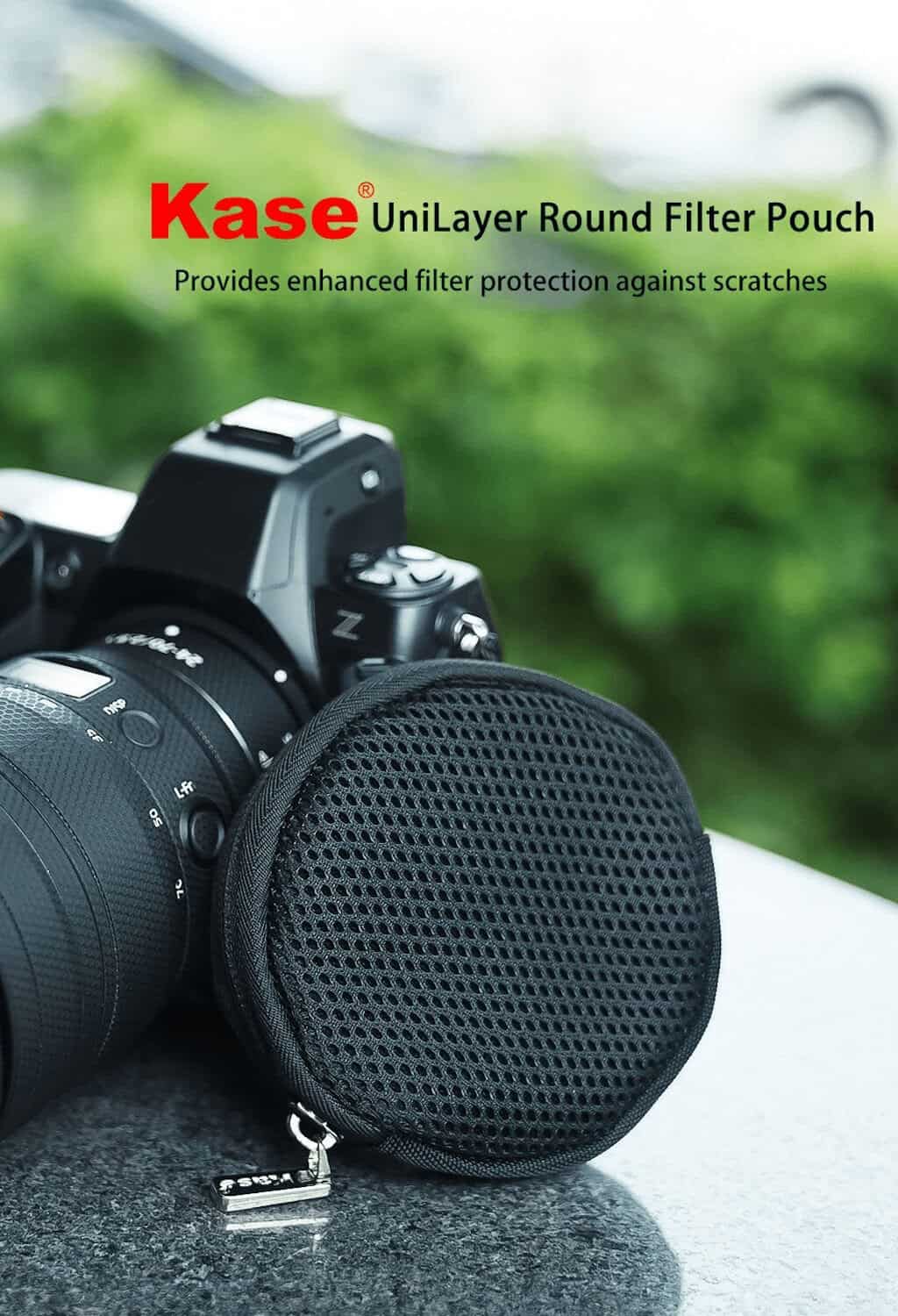 Funda protectora circular para filtro Kase de hasta 82mm en fotografía.