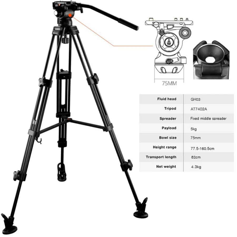 Trípode profesional con cabezal fluido para fotografía y video.