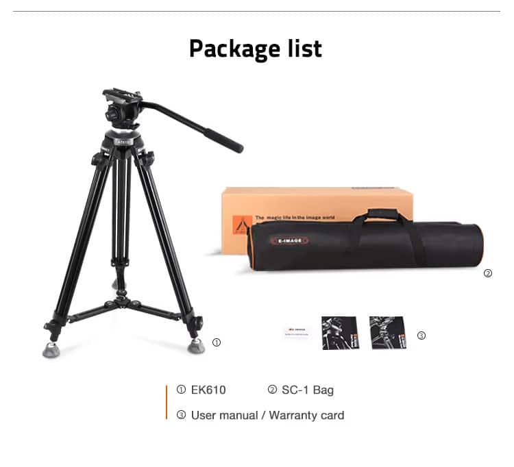 Trípode E-image EK610 con bolsa y manual para fotografía profesional.