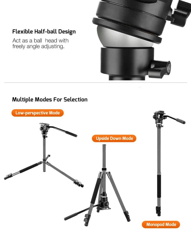 Trípode profesional con cabezal fluido y modos ajustables para fotografía.