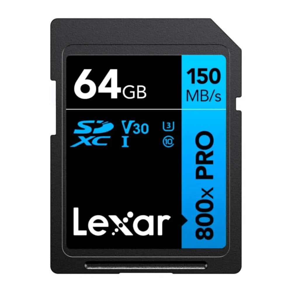 Tarjeta de memoria SDXC Lexar 64GB con velocidad de 150MB/s y clasificación V30.