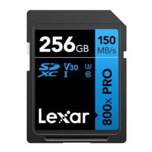 Tarjeta de memoria SDXC Lexar 256GB con velocidad de 150MB/s.