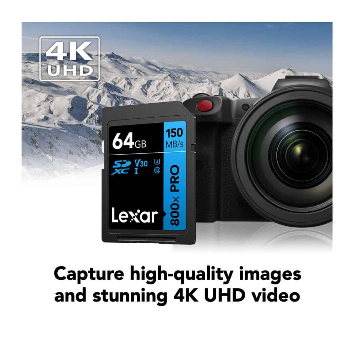 Tarjeta de memoria SDXC Lexar 800X PRO de 64GB para fotografía y video 4K.