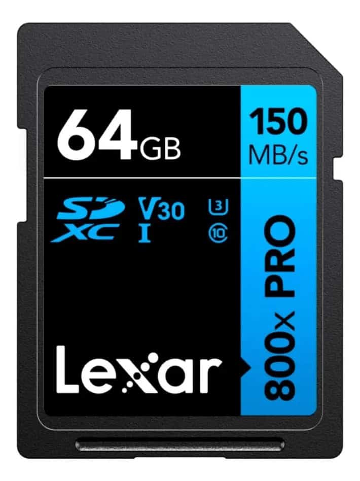 Tarjeta de memoria SDXC Lexar 64GB con velocidad de 150MB/s.