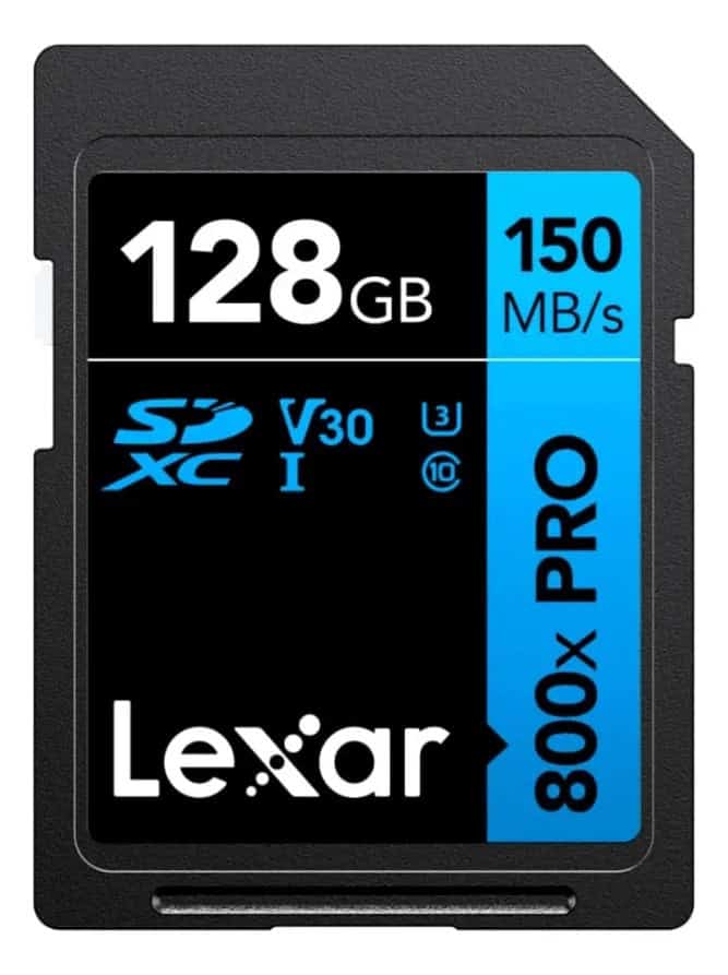 Tarjeta de memoria SDXC Lexar 128GB con velocidad de 150MB/s.