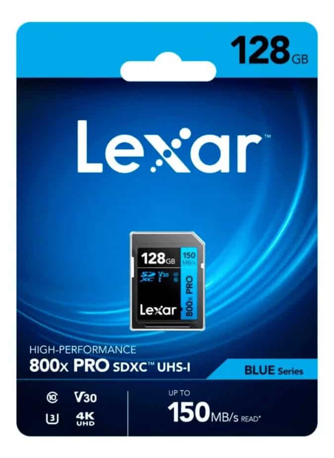 Tarjeta de memoria Lexar 128GB UHS-I V30 para fotografía y video.