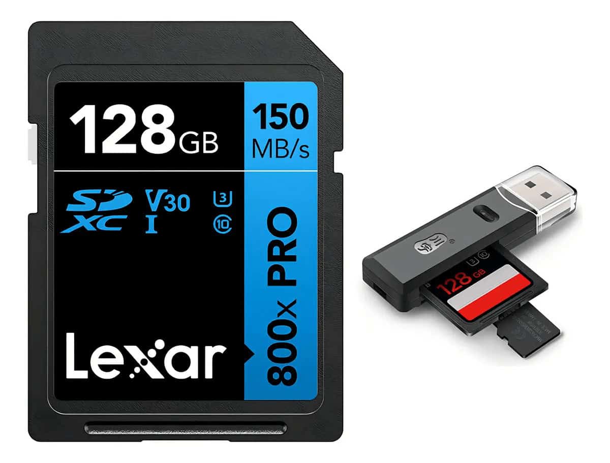 Tarjeta SD Lexar 128GB PRO con lector USB para fotografía.