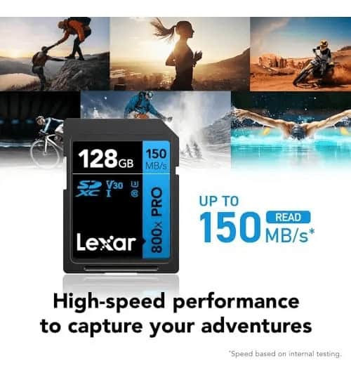 Tarjeta de memoria Lexar 128GB con velocidad de 150MB/s para fotografía y video.
