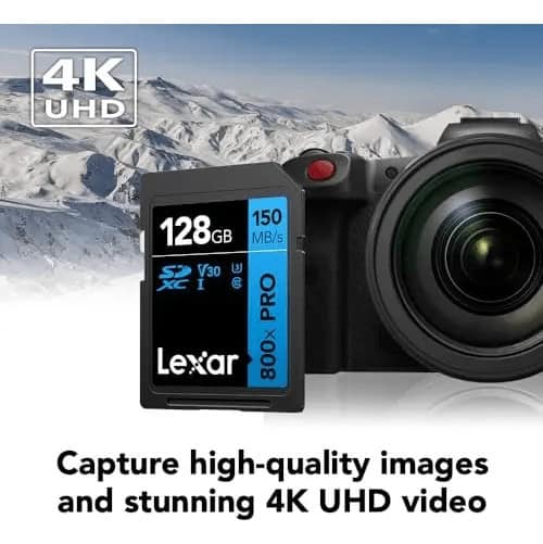 Tarjeta de memoria Lexar 128GB para fotografía y video 4K UHD.