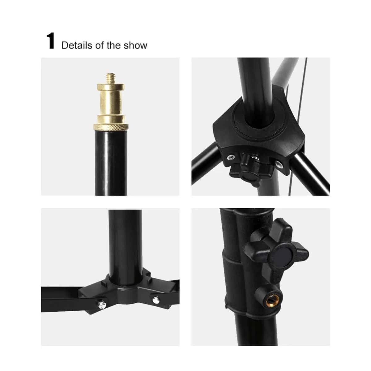 Partes del trípode de iluminación con accesorios y ajustes.