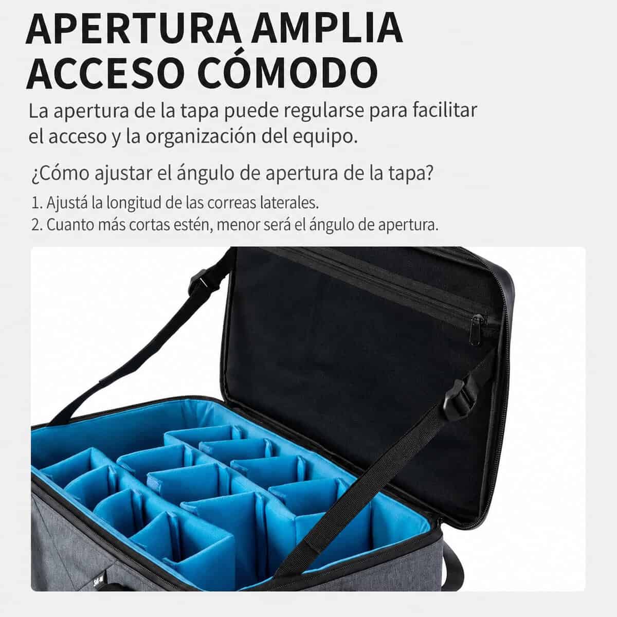 Bolso rígido con compartimentos para equipo fotográfico y accesorios.